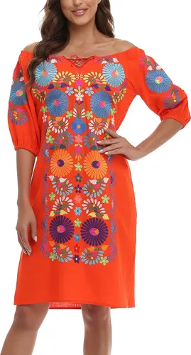 Vista 4 de YZXDORWJ Vestido bordado mexicano de manga corta para mujer