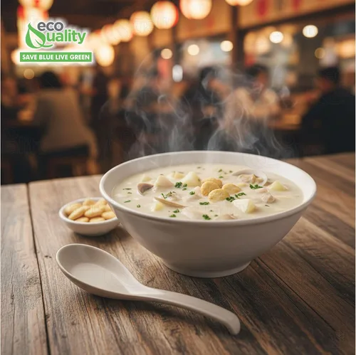 Vista 7 de [Paquete de 100] Cucharas de sopa asiáticas desechables para comedor, cucharas de sopa china de plástico blanco para ramen, pho, transparente