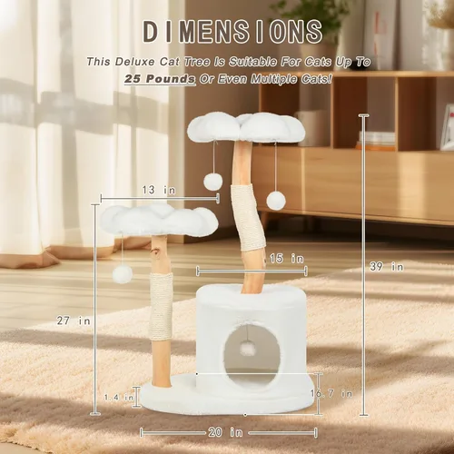 Vista 7 de Bonita torre de árbol para gatos de interior y adultos, árboles de madera con 6 pompones, moderna torre de árbol para gatos con poste rascador