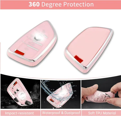 Vista 3 de Funda para llavero rosa Pangpai para BMW, carcasa de TPU suave con llavero brillante, compatible con BMW X1 X2 X3 X5 X6 X7 y Serie 1 2 3 4 5 6 7 8