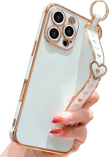 Vista 19 de IDweel Funda para iPhone 11 Pro Max con correa de pulsera ajustable, lazo atril, chapado de lujo de corazón, esquinas elevadas, a prueba de golpes
