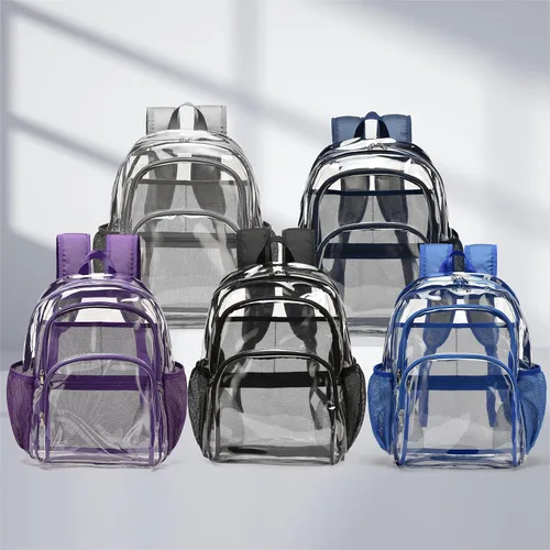 Vista 8 de KUI WAN Mochila transparente, bolsa transparente aprobada para estadios, mochila grande transparente de PVC resistente para estadio, escuela