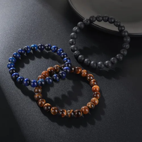 Vista 9 de RANKEEF - Pulsera de ojo de tigre para hombre, elástica, ajustable, cuentas de vidrio color negro, 516 de pulgada
