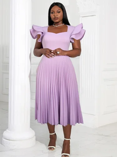 Vista 2 de AOMEI Vestido midi elegante plisado con cuello cuadrado y mangas con volantes para mujer