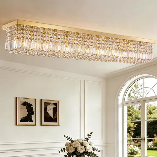 Vista 20 de Candelabros Modernos de Cristal para Lámpara de Comedor, Candelabro de Techo Rectangular Dorado de 6 Luces para Isla de Cocina y Sala de Estar