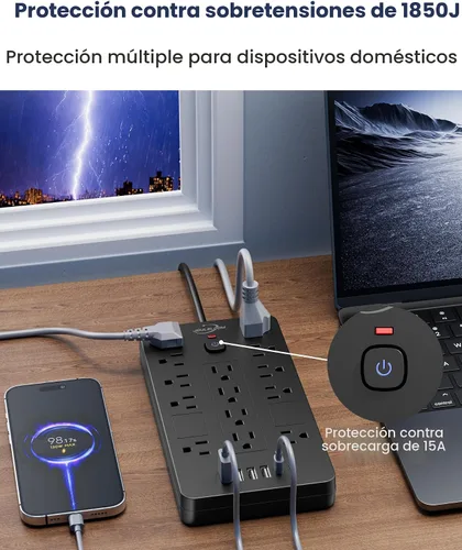 Vista 6 de JouleLoom Regleta protectora de sobretensiones, 14 tomas de corriente y 6 puertos USB, cable de extensión de enchufe plano de 6 pies, 1850 julios