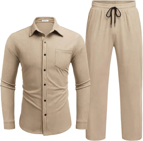 Vista 5 de COOFANDY Men's 2 Piece Outfits Casual Track Suits Corduroy Button Down Shirts and Elastic Waistband Pant Sets
