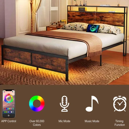 Vista 3 de Base de cama Queen con luces LED, 2 puertos USB, cabecera rústica de almacenamiento de 2 niveles, marco de cama de plataforma industrial, cámaras