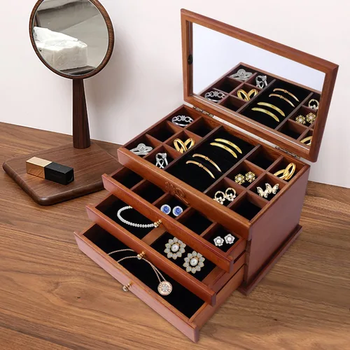 Vista 3 de CNCEST Joyero de madera para mujer con espejo estuche organizador de joyas rectangular de 4 capas para almacenamiento de collares anillos aretes
