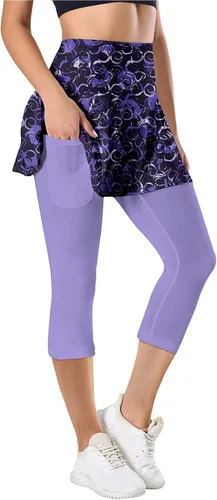 Vista 8 de QINGXUN Leggings con falda de tenis para mujer con 2 bolsillos, leggings de yoga con faldas estampadas, faldas de tenis con leggings para mujer