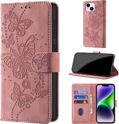 Vista 14 de Funda tipo cartera para iPhone 14 Plus, color borgoña Bloqueo RFID, soporte para 3 tarjetas, carcasa de TPU a prueba de golpes, cierre magnético