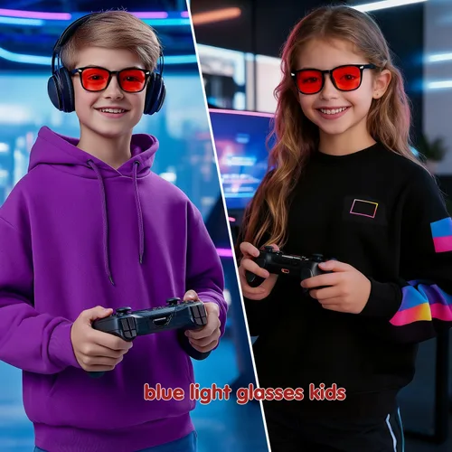 Vista 3 de Gafas de luz azul para niños, paquete de 3 unidades, marco flexible TR90 inastillable, lentes transparentes y rojas, gafas falsas para niños de 2 a