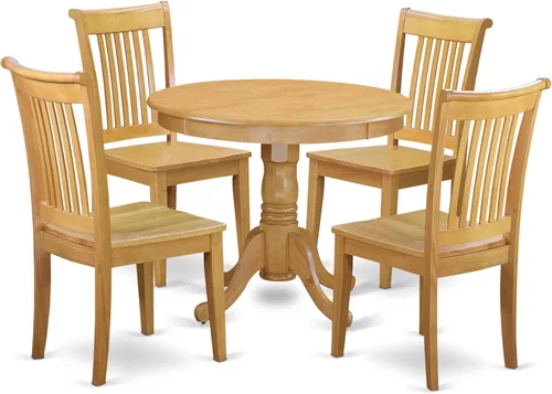 Vista 8 de East West Furniture ANPO3-OAK-C Juego de mesa y sillas de cocina de 3 piezas contiene una mesa de comedor redonda con pedestal y 2 sillas tapizadas