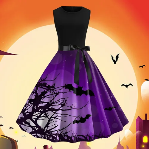 Vista 2 de BAGELISE Vestido sin mangas con estampado de Halloween de los años 50 para mujer, vestido de fiesta de noche, vestido de fiesta de graduación