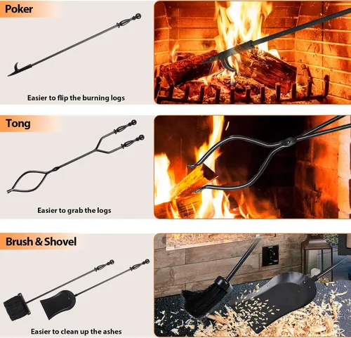 Vista 4 de Nouva Juego de 5 herramientas para chimenea - Mango negro de hierro forjado Accesorios Accesorios Herramientas - Pinzas de póquer de soporte