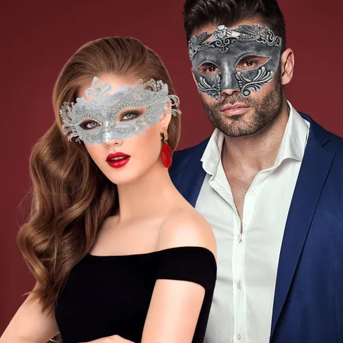Vista 3 de Máscara de metal para parejas, máscara de hombre griego romano, máscara veneciana de Halloween, máscara de bola de Mardi Gras, máscara de fiesta