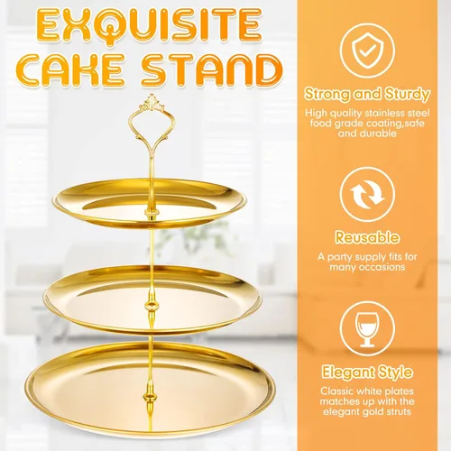 Vista 4 de Yaomiao Juego de 2 bandejas doradas de 3 niveles para servir con base de acero inoxidable para cupcakes, soporte para mesa de postre, juego