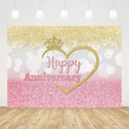 Vista 2 de Sendy Telón de fondo de feliz aniversario para parejas de 1 a 10 años 50 años, decoración de fiesta de boda, corona de fondo rosa, plateado y dorado