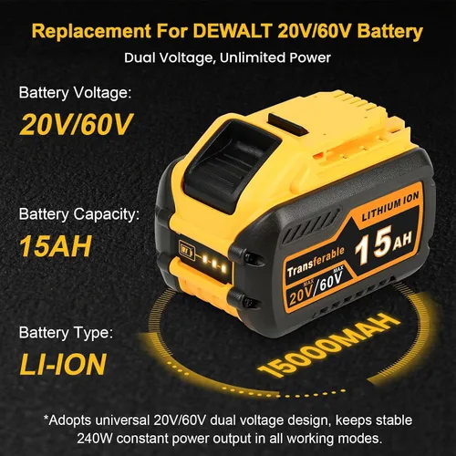 Vista 9 de Paquete de 2 unidades de repuesto de alta capacidad de 15.0Ah para Dewalt 20V/60V MAX, batería de iones de litio con conmutación automática