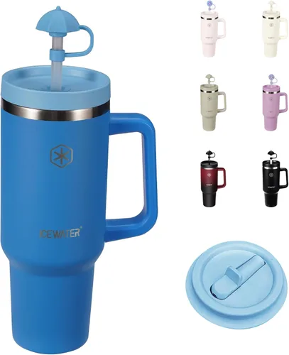 Vista 12 de ICEWATER Vaso de 40 oz con 2 tapas (abatible y pajita estándar), 100% a prueba de fugas, vaso aislado con asa, compatible con portavasos, botella