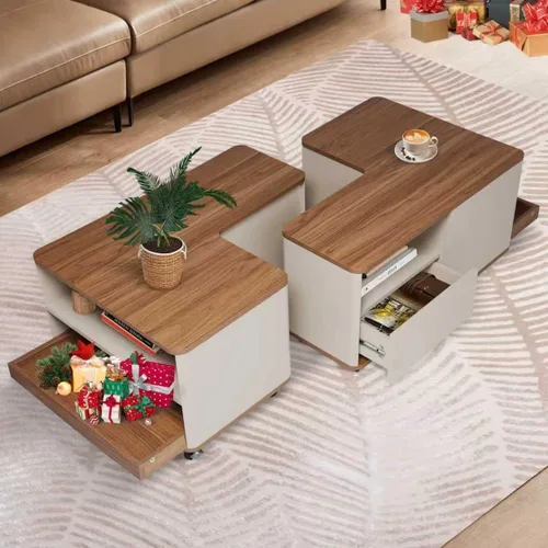 Vista 4 de Mesa de centro de granja con almacenamiento, mesa auxiliar rectangular de forma ajustable, mesa central con 8 ruedas y 2 cajones, mesa de centro