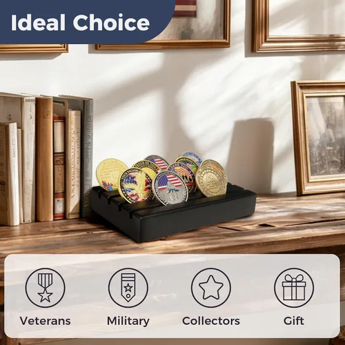 Vista 6 de ASmileIndeep Soporte de exhibición de monedas de desafío militar pequeño, soporte de monedas de desafío de madera con capacidad para 10-12 monedas
