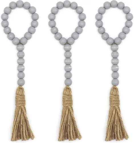 Vista 17 de CVHOMEDECO. Guirnalda de cuentas de madera con borlas, 3 piezas de cuentas rústicas de madera rústica para oración para colgar en la pared para Negro