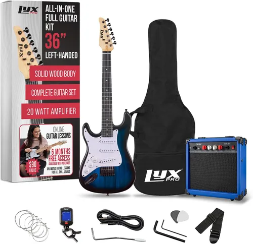 Vista 15 de LyxPro Guitarra eléctrica de 36 pulgadas y kit para niños con guitarra para principiantes de tamaño 3/4, amplificador, seis cuerdas, dos púas, Azul