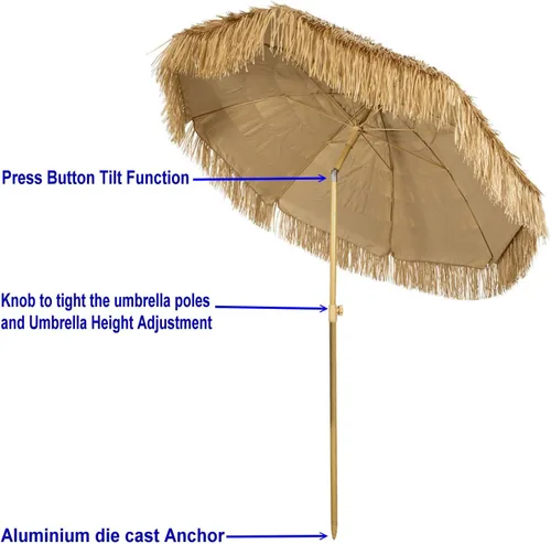 Vista 2 de Hula - Sombrilla Tiki de paja tropical, palapa, rafia, tiki hut, sombrilla hawaiana para patio con flecos, sombrilla bohemia de 6 pies 8 pies y 9