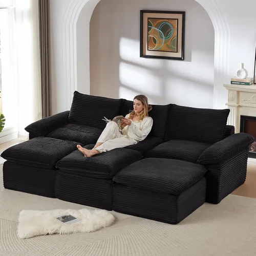 Vista 12 de Sofás modulares de 113.03 pulgadas para sala de estar, sofá modular moderno con sofás en forma de L, sofá tapizado de pana sin hueso, asiento Negro