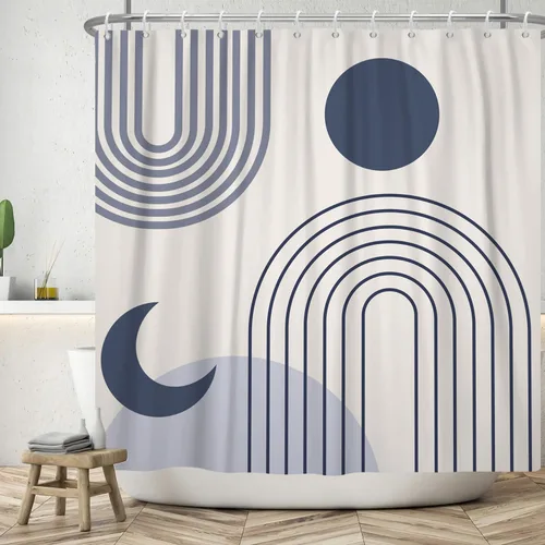 Vista 6 de Cortina de ducha moderna y bohemia, cortinas de ducha minimalistas estéticas azules de mediados de siglo para baño, cortinas de baño impermeables