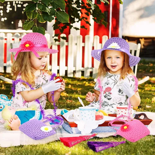Vista 5 de Juego de 10 piezas de fiesta de té para niñas, incluye sombreros de fiesta de té, gorros, guantes de abanico, monedero rosa, boas de plumas