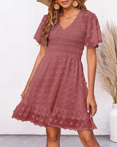 Vista 2 de BTFBM - Vestido casual de manga corta con cuello en V para mujer con lunares suizos dobladillo con volantes vestidos cortos de playa para el verano