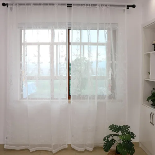 Vista 2 de SLOW SOUL Juego de 2 paneles de cortinas bordadas transparentes de lino con textura de algodón para ventanas de dormitorio y sala de estar
