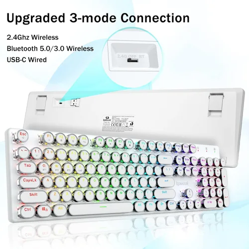 Vista 3 de Redragon K710 - Teclado mecánico inalámbrico para juegos, Bluetooth2.4Ghzcableado, retroiluminación LED RGB, interruptor azul, clic, recargable
