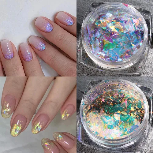 Vista 6 de Polvo de uñas cromado iridiscente, 6 cajas de copos de ópalo de fuego de cristal para arte de uñas, lentejuelas holográficas de sirena con purpurina