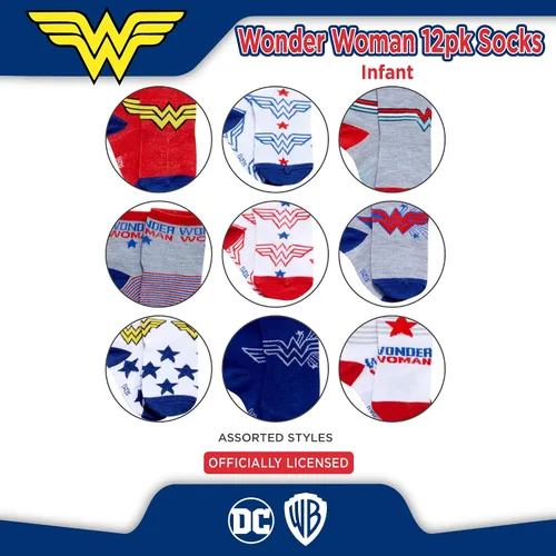 Vista 6 de DC Comics Baby Boys and Girls Socks - 12 Pack Batman, Wonder Woman, Superman, Justice League, Super Girl Socks (0-24M)