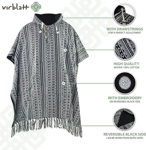 Vista 6 de virblatt - Poncho mexicano para hombre 100% algodón poncho de manta reversible poncho de lana hippie Baja con capucha pancho