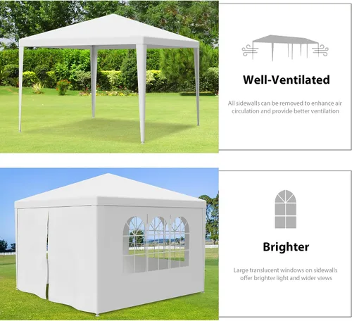 Vista 3 de LEMY Tienda de Fiesta, Carpa Gazebo para Exteriores de 10'x10' con Paredes Laterales Removibles y Ventanas, Tienda Blanca Resistente al Agua