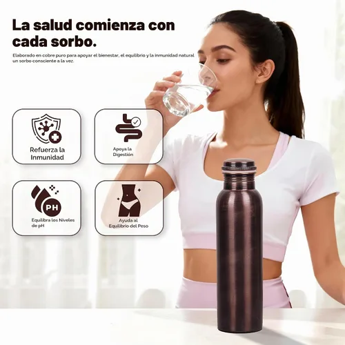 Vista 3 de Botella de agua de cobre 100% puro para beber, botella de cobre ayurvédico con acabado liso, a prueba de fugas, boca ancha, reutilizable y sin BPA