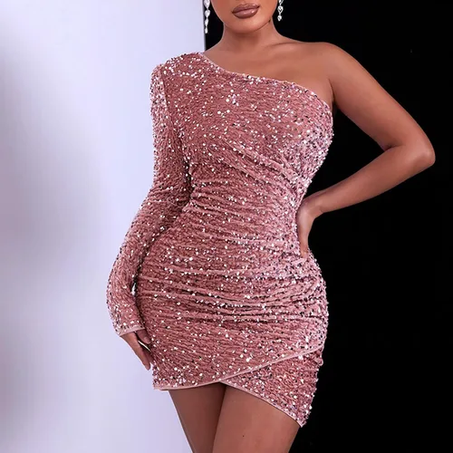 Vista 2 de Oplxuo Vestidos de fiesta sexy con lentejuelas para mujer, un hombro, manga larga, fruncido, entallado, mini vestido de cóctel, club, vestidos