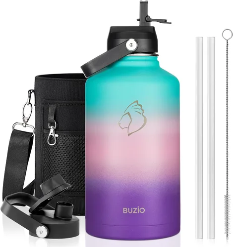 Vista 27 de BUZIO Botella de agua aislada de 24 oz, frasco de agua de boca ancha de acero inoxidable con tapa de pajita, frío durante 48 horas a prueba de Negro
