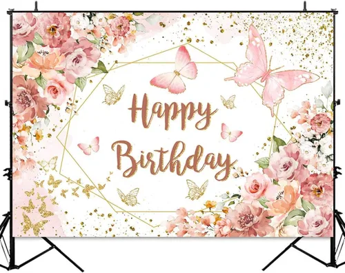 Vista 2 de Sensfun Telón de fondo floral de feliz cumpleaños para mujeres y niñas, mariposa rosa, fiesta de cumpleaños, fondo de fotografía, flores