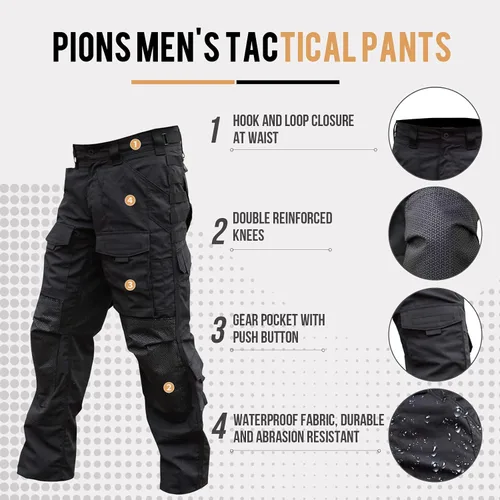 Vista 3 de PIONS Pantalones tácticos impermeables para hombre, pantalones de senderismo multifuncionales, rodillera duradera con múltiples bolsillos