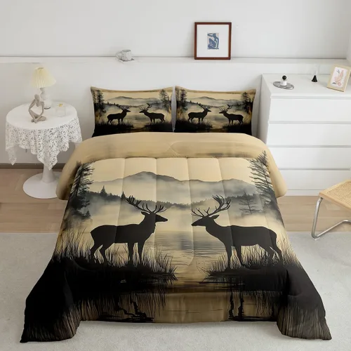 Vista 2 de Erosebridal Juego de edredón rústico de ciervos para niños, adolescentes y adultos, juego de ropa de cama tamaño individual con temática de caza