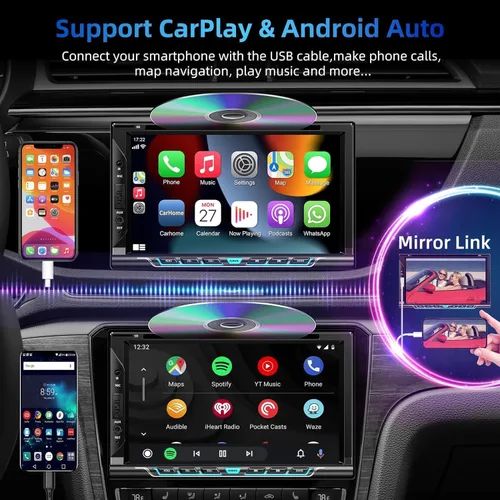 Vista 3 de Estéreo de auto doble DIN con Carplay y Android Auto, pantalla táctil HD de 7 pulgadas, compatible con reproductor de CD y DVD, Bluetooth, cámara