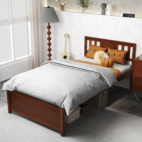 Vista 3 de KOMFOTT Base de cama de plataforma de madera individual con cabecero, plataforma de madera maciza con soporte de listones y almacenamiento debajo