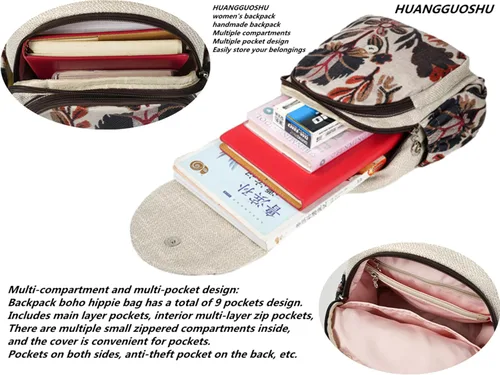 Vista 105 de HUANGGUOSHU Mochila de algodón tejida de algodón bohemio con bordado de lona estilo bohemio con múltiples bolsillos retro linda mochila cartera