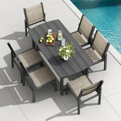 Vista 44 de Mesa de comedor rectangular para exteriores, mesa de polietileno de alta densidad resistente para 6, mesa de patio resistente a la intemperie
