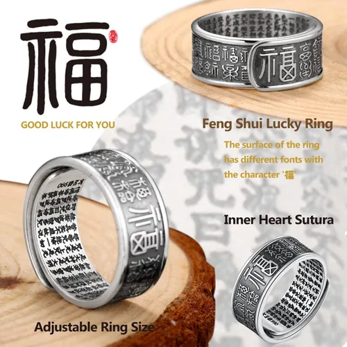 Vista 4 de EIELO Anillos budistas Pixiu de Feng Shui MANI Lucky Wealth Amuleto Mantra Doble Protección Riqueza Anillo para Hombres Mujeres Ajustable Granate